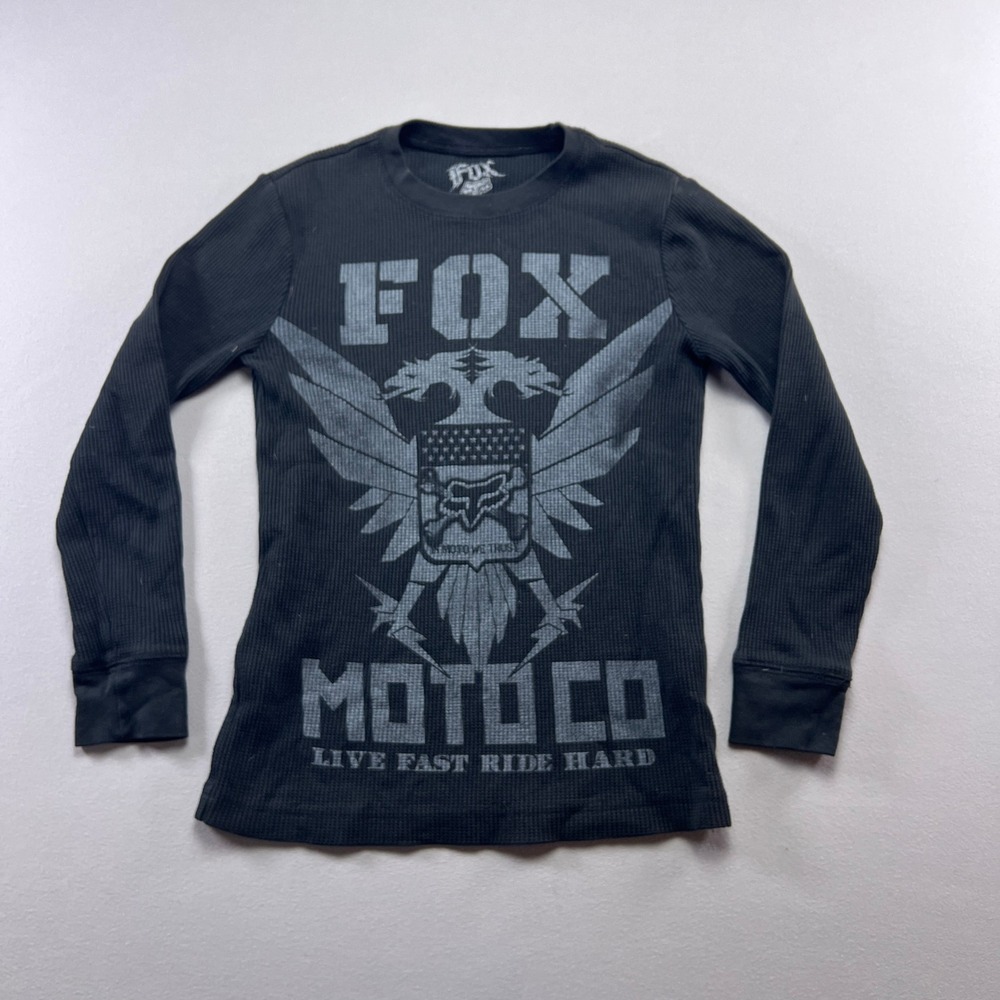 Fox Racing Thermal Shirt Kids Medium Black Graphic Print Waffle Knit Long Sleeve